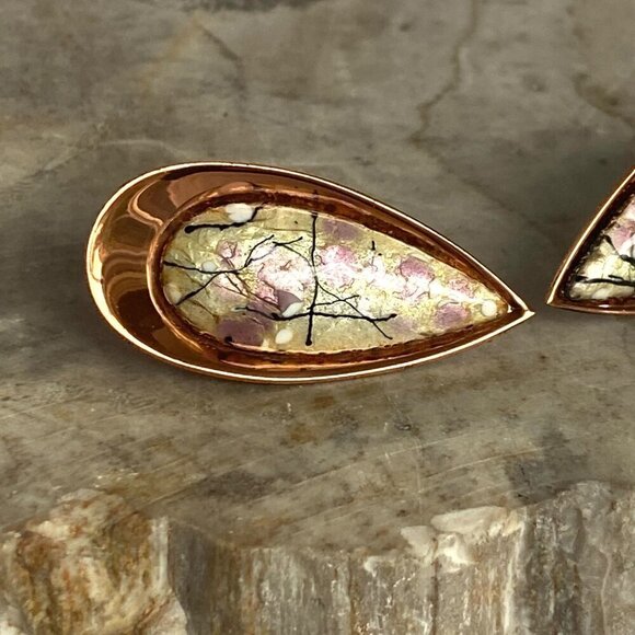 VTG Signed Renoir Matisse Copper Modernist Enamel Teardrop Clip On Earrings - Picture 13 of 16